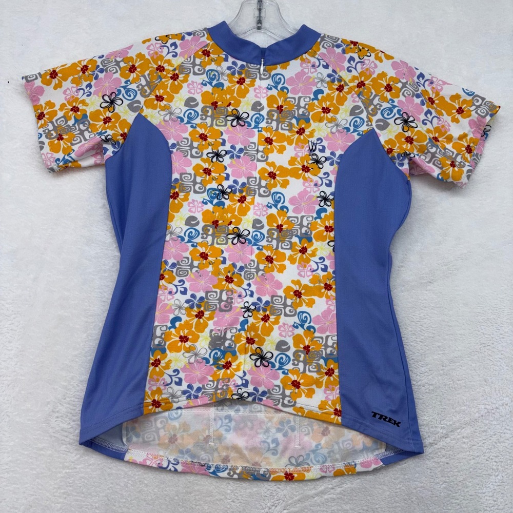 Trek Womens Cycling Jersey Medium Floral Tropical Short Sleeve Quarter Zip Blue
